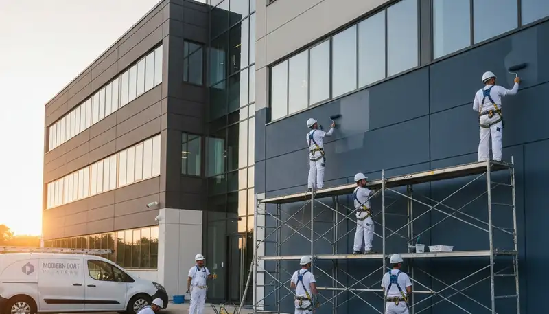 Professional commercial painters finishing office exterior in Boise, ID for durable business appeal