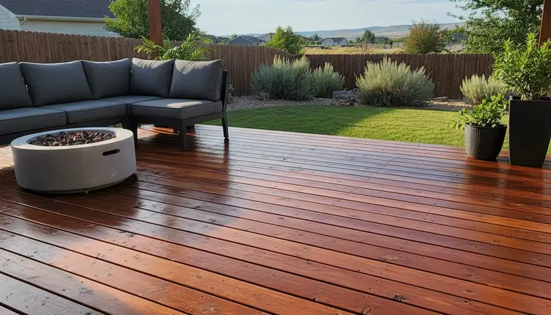 Finished deck staining in Boise ID showing rich wood color and weather-protected outdoor surface