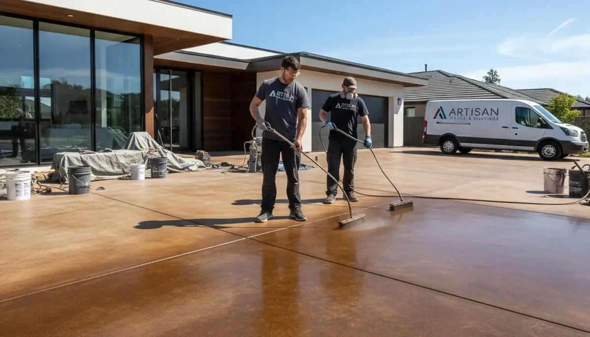 Professional concrete staining on Boise, ID patio showcasing durable floor color and protective finish