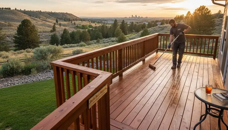 Professional deck staining in Boise, ID enhancing wood color and protecting outdoor surfaces from sun and moisture