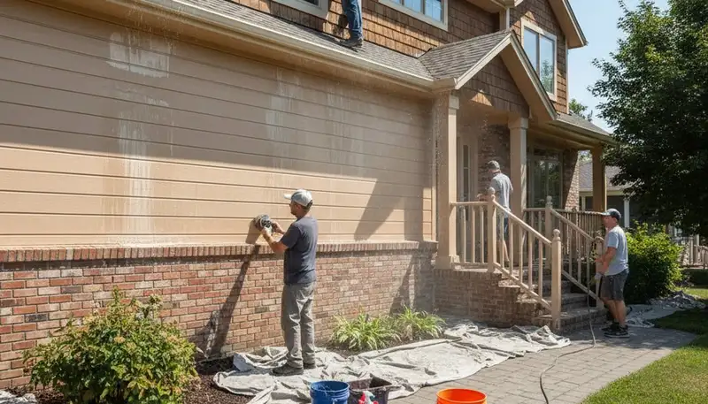 Painter sanding exterior siding for smooth paint adhesion during surface prep in Boise, ID