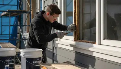Wood rot repair and exterior painting on Boise ID home siding by professional carpentry team